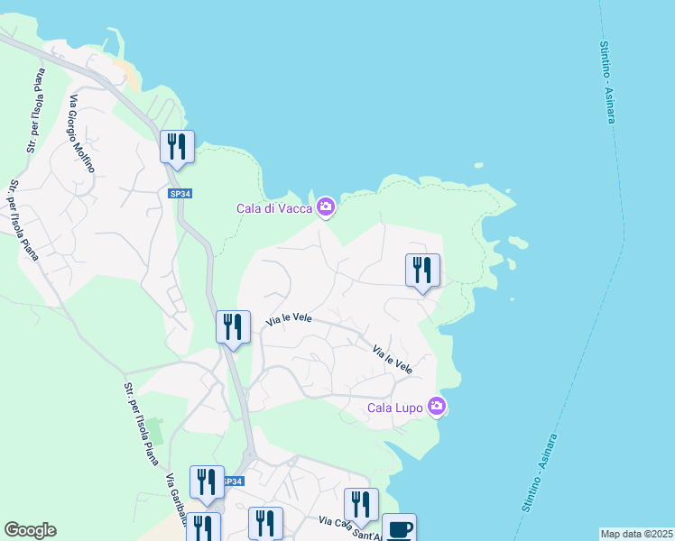 map of restaurants, bars, coffee shops, grocery stores, and more near 62 Via Punta Negra in Stintino