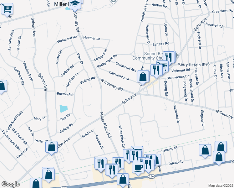 map of restaurants, bars, coffee shops, grocery stores, and more near 195 Echo Avenue in Miller Place