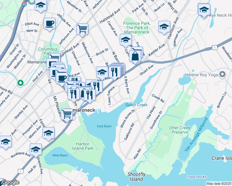 map of restaurants, bars, coffee shops, grocery stores, and more near 220 Harbor Hill Lane in Mamaroneck