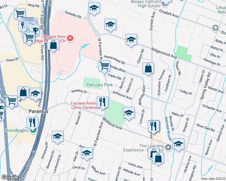 map of restaurants, bars, coffee shops, grocery stores, and more near 229 Jefferson Avenue in Paramus