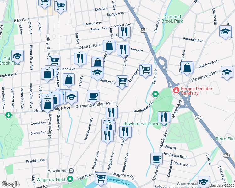 map of restaurants, bars, coffee shops, grocery stores, and more near 226 Lincoln Avenue in Hawthorne