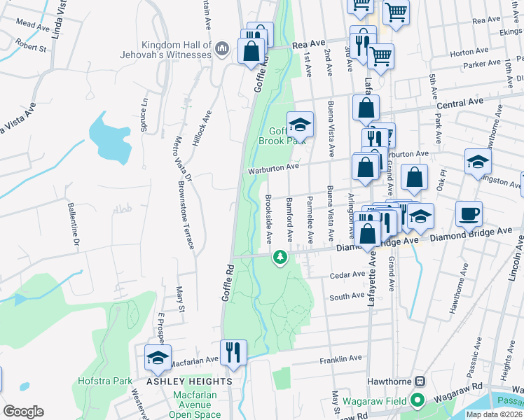 map of restaurants, bars, coffee shops, grocery stores, and more near 43 Brookside Avenue in Hawthorne