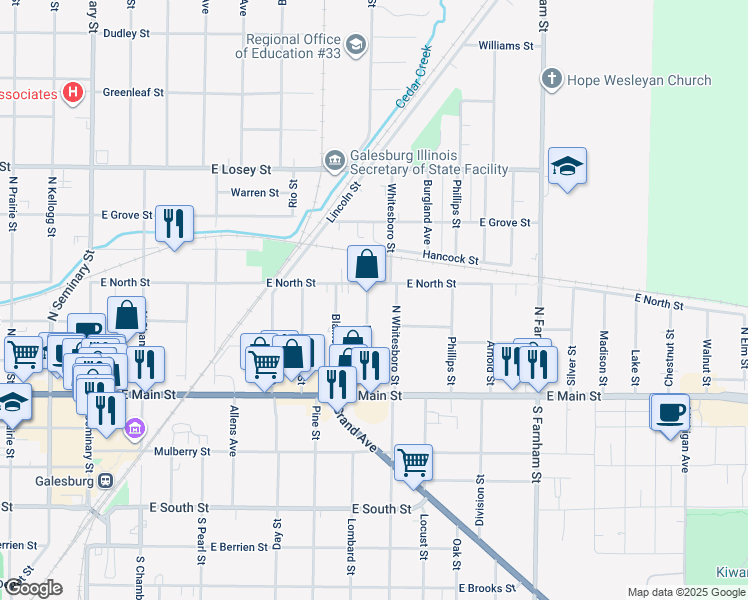 map of restaurants, bars, coffee shops, grocery stores, and more near 1-299 Duffield Avenue in Galesburg