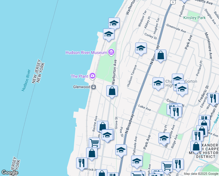 map of restaurants, bars, coffee shops, grocery stores, and more near 423 Warburton Avenue in Yonkers
