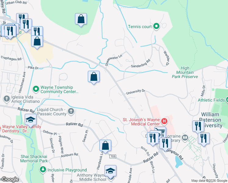 map of restaurants, bars, coffee shops, grocery stores, and more near 25 Power Avenue in Wayne