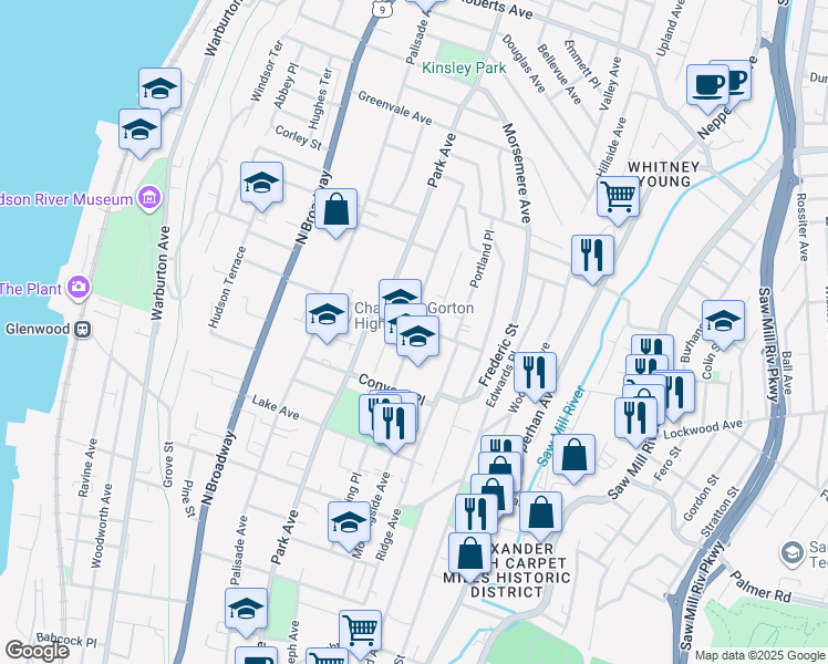 map of restaurants, bars, coffee shops, grocery stores, and more near 106 Convent Avenue in Yonkers