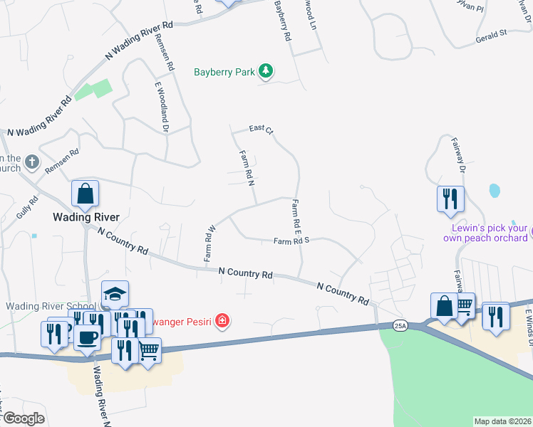 map of restaurants, bars, coffee shops, grocery stores, and more near 12 Farm Road North in Wading River