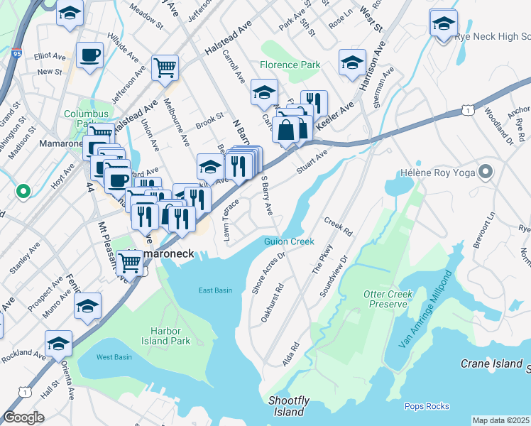 map of restaurants, bars, coffee shops, grocery stores, and more near 280 Guion Drive in Mamaroneck