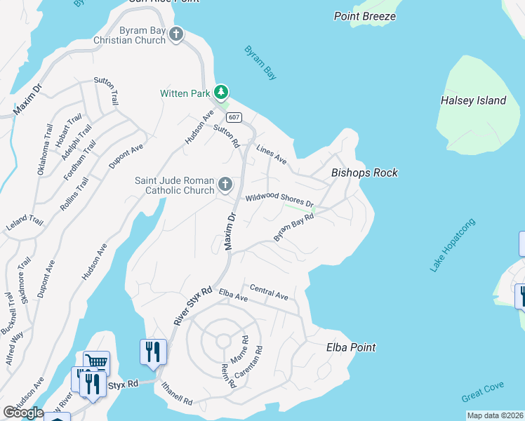 map of restaurants, bars, coffee shops, grocery stores, and more near 20 Bayview Avenue in Hopatcong