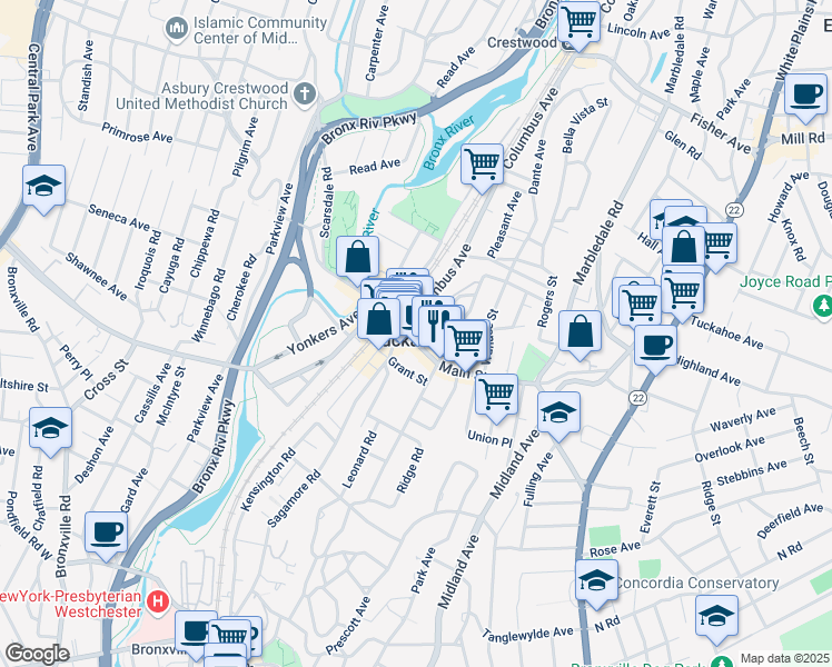 map of restaurants, bars, coffee shops, grocery stores, and more near 62 Main Street in Tuckahoe