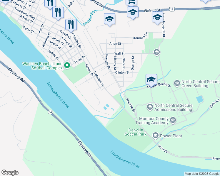 map of restaurants, bars, coffee shops, grocery stores, and more near 1001 East Market Street in Danville