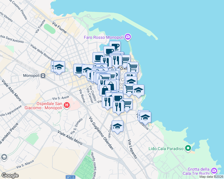 map of restaurants, bars, coffee shops, grocery stores, and more near 5 Via Palestro in Monopoli