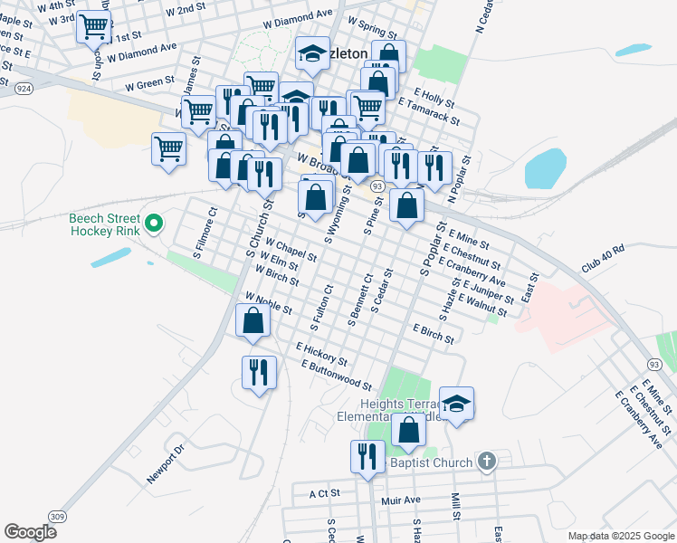 map of restaurants, bars, coffee shops, grocery stores, and more near 121 South Fulton Court in Hazleton