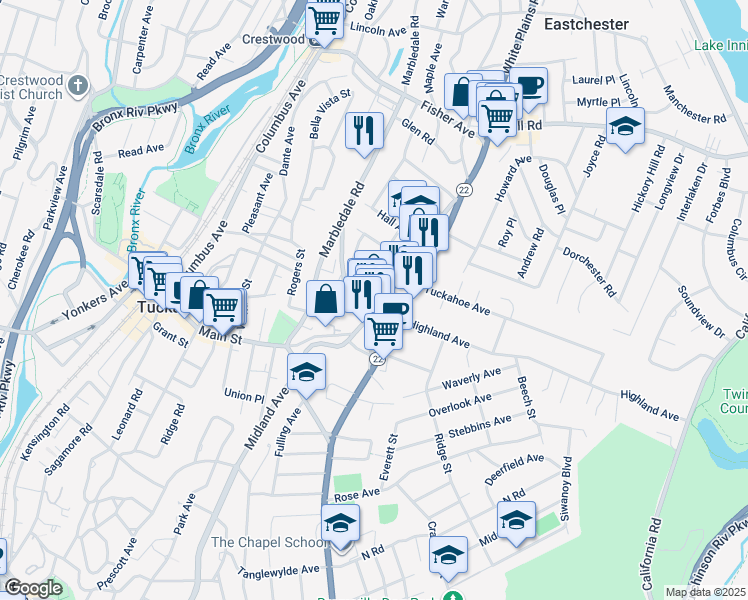 map of restaurants, bars, coffee shops, grocery stores, and more near 10 Highland Avenue in Eastchester