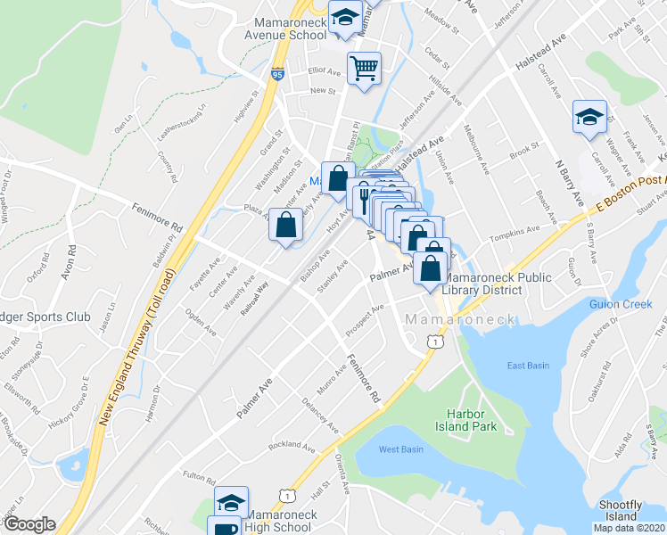 map of restaurants, bars, coffee shops, grocery stores, and more near 315 Stanley Avenue in Mamaroneck