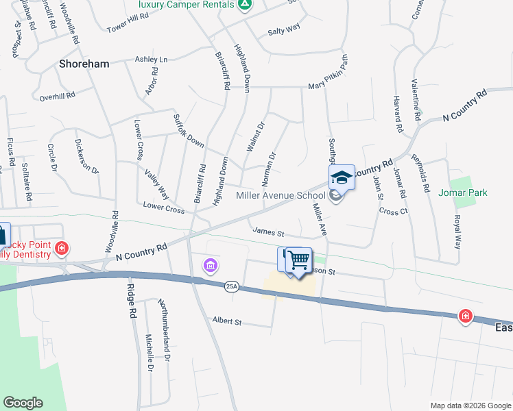 map of restaurants, bars, coffee shops, grocery stores, and more near 66 North Country Road in Shoreham