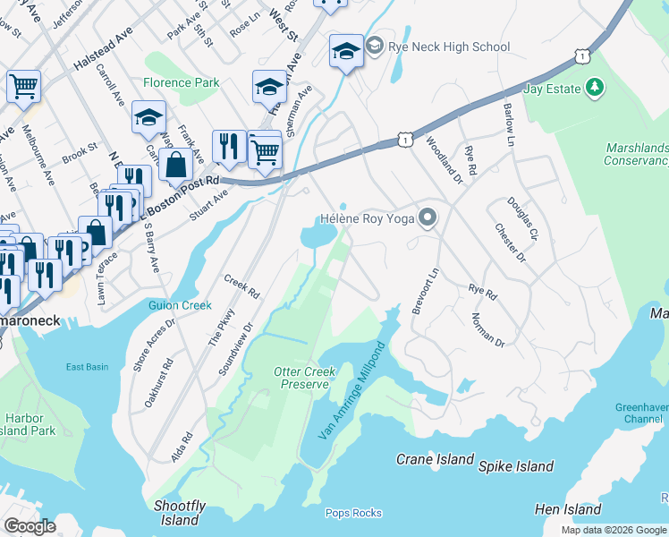map of restaurants, bars, coffee shops, grocery stores, and more near 655 Barrymore Lane in Mamaroneck