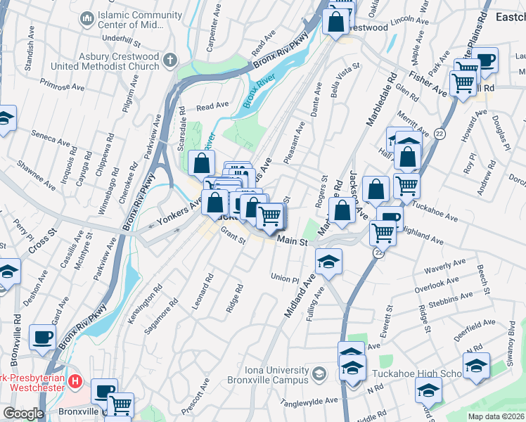 map of restaurants, bars, coffee shops, grocery stores, and more near 85 Main Street in Tuckahoe