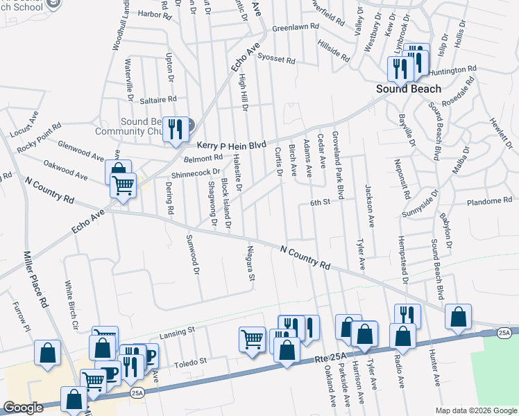 map of restaurants, bars, coffee shops, grocery stores, and more near 25 Bellport Road in Sound Beach