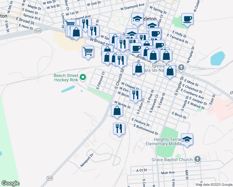 map of restaurants, bars, coffee shops, grocery stores, and more near 170 South Laurel Street in Hazleton