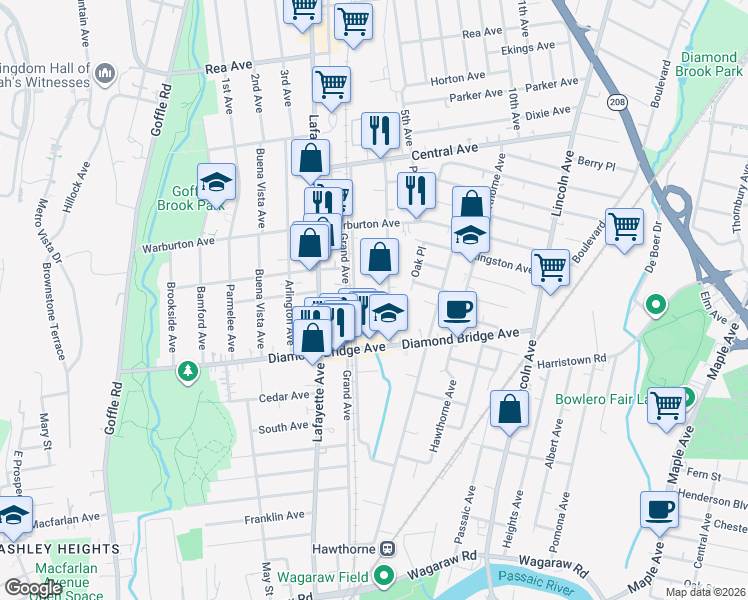 map of restaurants, bars, coffee shops, grocery stores, and more near 24 Forest Avenue in Hawthorne