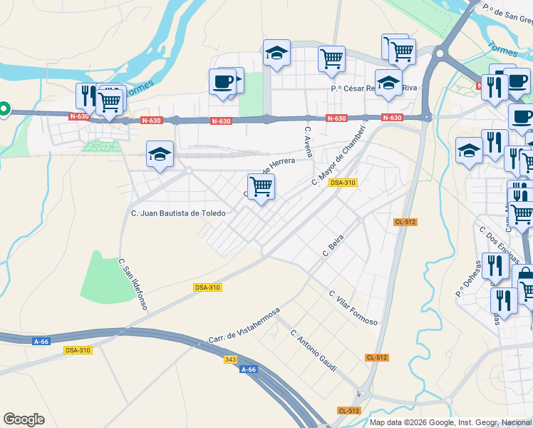 map of restaurants, bars, coffee shops, grocery stores, and more near Calle de Miguel Ángel in Salamanca