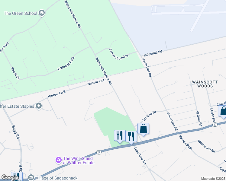 map of restaurants, bars, coffee shops, grocery stores, and more near 218 Wainscott Harbor Road in Sagaponack