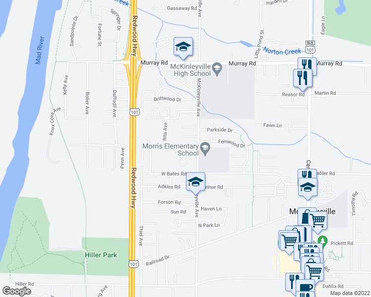 map of restaurants, bars, coffee shops, grocery stores, and more near 1162 Eucalyptus Road in McKinleyville