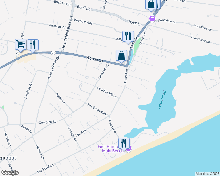 map of restaurants, bars, coffee shops, grocery stores, and more near 16 Pudding Hill Lane in East Hampton