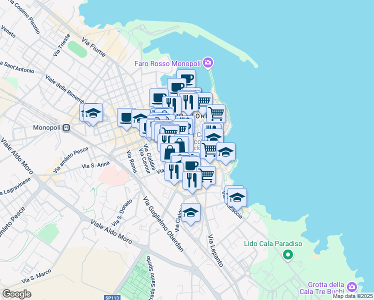 map of restaurants, bars, coffee shops, grocery stores, and more near 5 Via Palestro in Monopoli