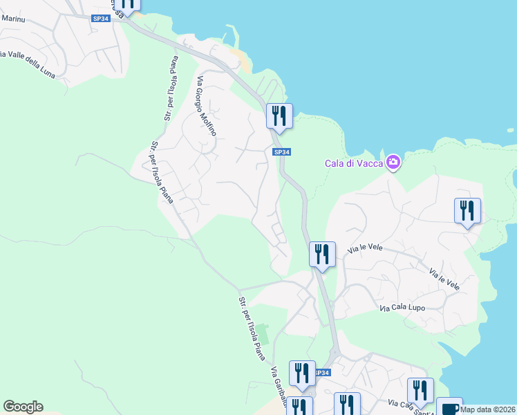 map of restaurants, bars, coffee shops, grocery stores, and more near 18 Via dei Rosmarini in Stintino