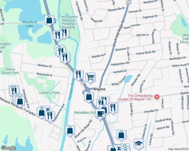 map of restaurants, bars, coffee shops, grocery stores, and more near 247 Black Oak Ridge Road in Wayne