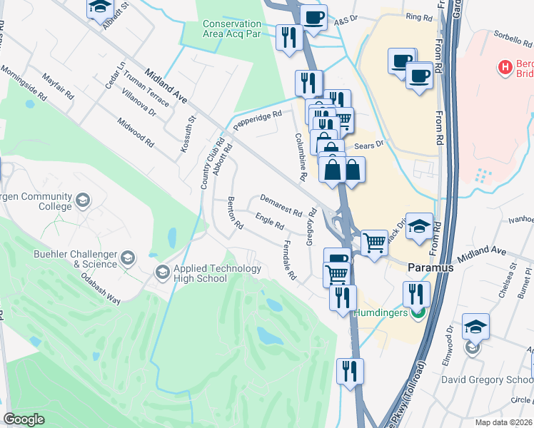 map of restaurants, bars, coffee shops, grocery stores, and more near 43 Benton Road in Paramus