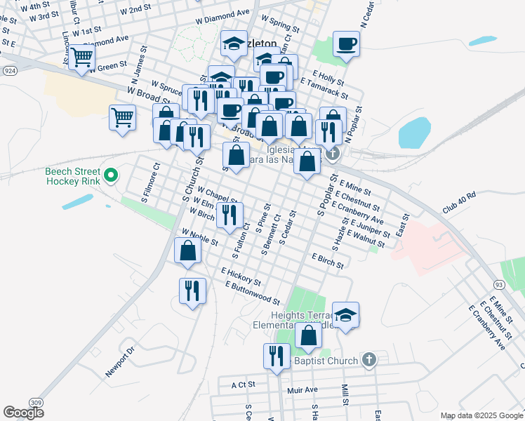 map of restaurants, bars, coffee shops, grocery stores, and more near 118 South Pine Street in Hazleton