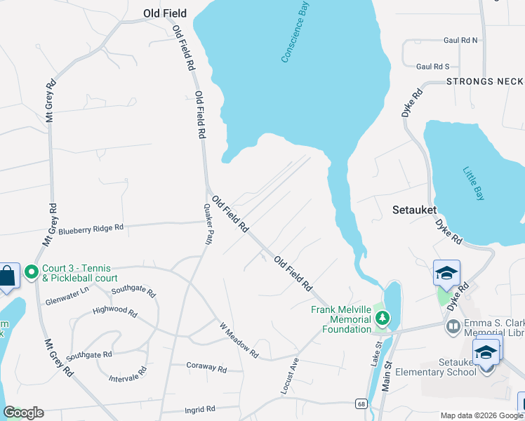 map of restaurants, bars, coffee shops, grocery stores, and more near 45 Old Field Road in Setauket- East Setauket