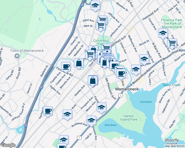 map of restaurants, bars, coffee shops, grocery stores, and more near 328 Stanley Avenue in Mamaroneck