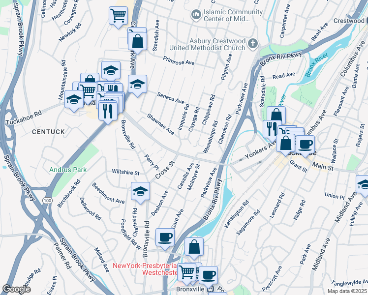 map of restaurants, bars, coffee shops, grocery stores, and more near 50 Cross Street in Yonkers