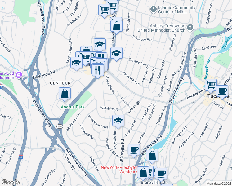 map of restaurants, bars, coffee shops, grocery stores, and more near 472 Bronxville Road in Bronxville