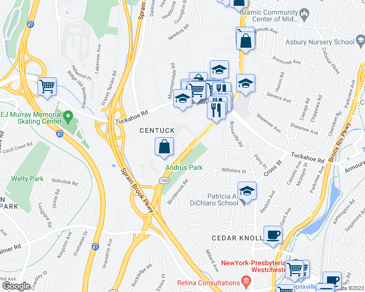 map of restaurants, bars, coffee shops, grocery stores, and more near in Yonkers