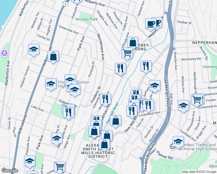 map of restaurants, bars, coffee shops, grocery stores, and more near 217 Woodland Avenue in Yonkers