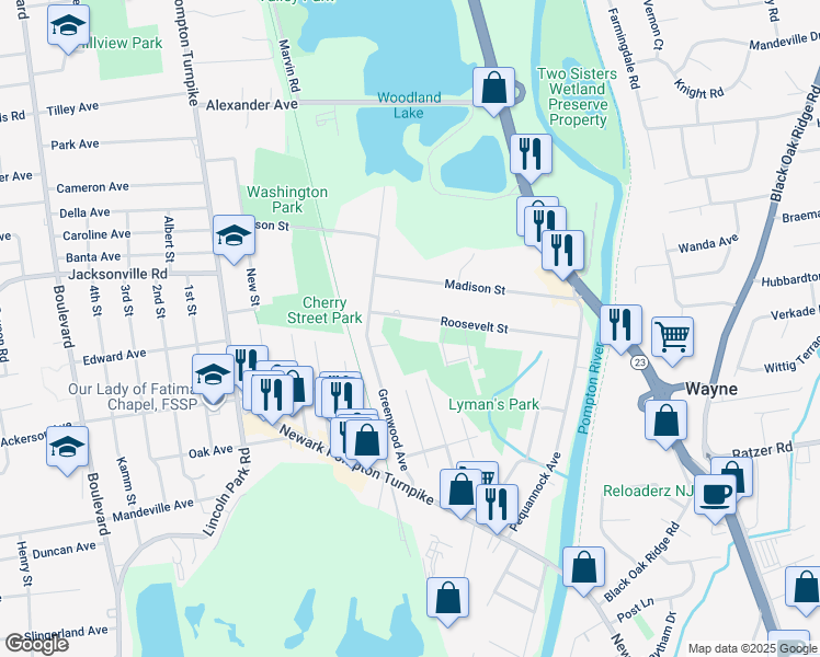 map of restaurants, bars, coffee shops, grocery stores, and more near 66 Greenwood Avenue in Pequannock Township