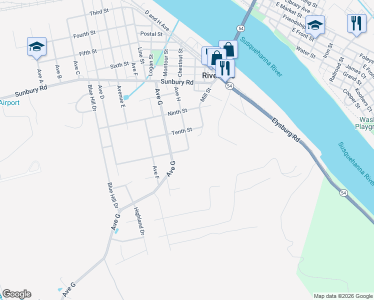 map of restaurants, bars, coffee shops, grocery stores, and more near Eleventh Street in Danville