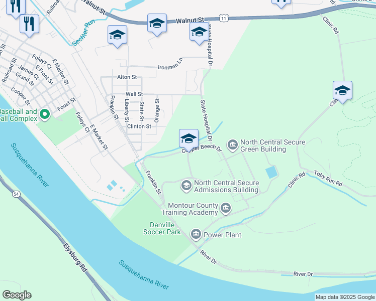 map of restaurants, bars, coffee shops, grocery stores, and more near 13 Kirkbride Drive in Danville