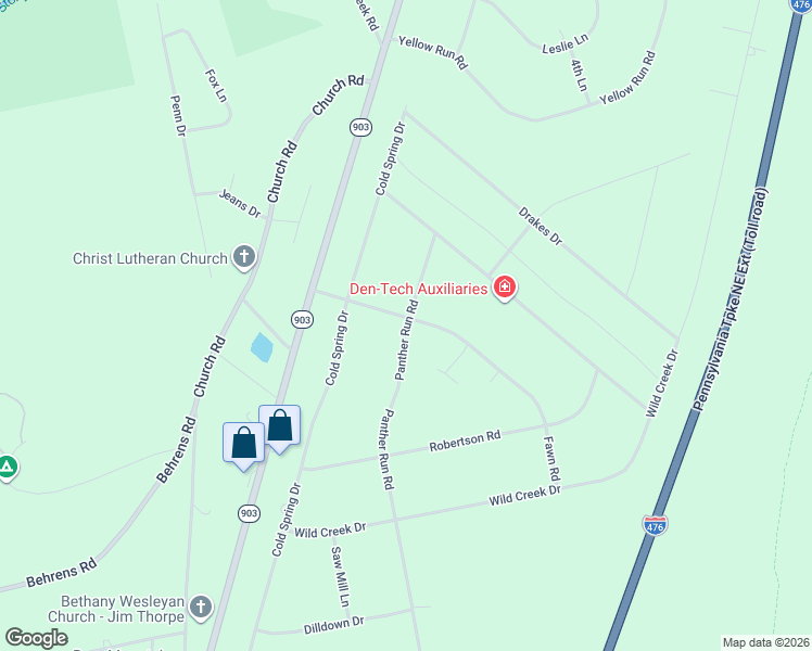 map of restaurants, bars, coffee shops, grocery stores, and more near 448 Panther Run Rd in Jim Thorpe