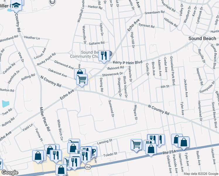 map of restaurants, bars, coffee shops, grocery stores, and more near 4 Tuckahoe Road in Sound Beach