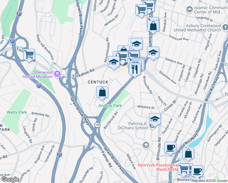map of restaurants, bars, coffee shops, grocery stores, and more near in Yonkers