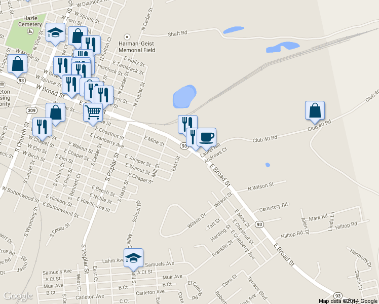 map of restaurants, bars, coffee shops, grocery stores, and more near 536 East Broad Street in Hazleton