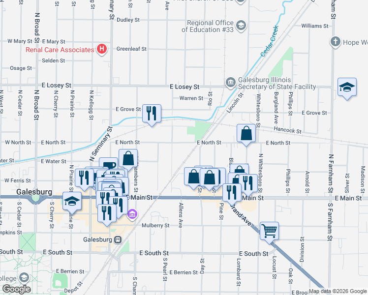 map of restaurants, bars, coffee shops, grocery stores, and more near 201-299 North Pearl Street in Galesburg