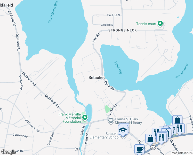 map of restaurants, bars, coffee shops, grocery stores, and more near in Setauket
