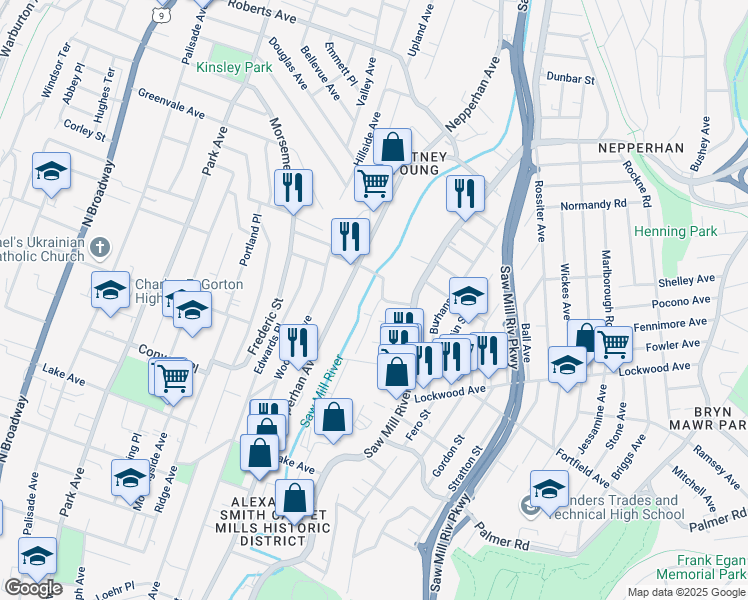 map of restaurants, bars, coffee shops, grocery stores, and more near 30 Mostyn Street in Yonkers